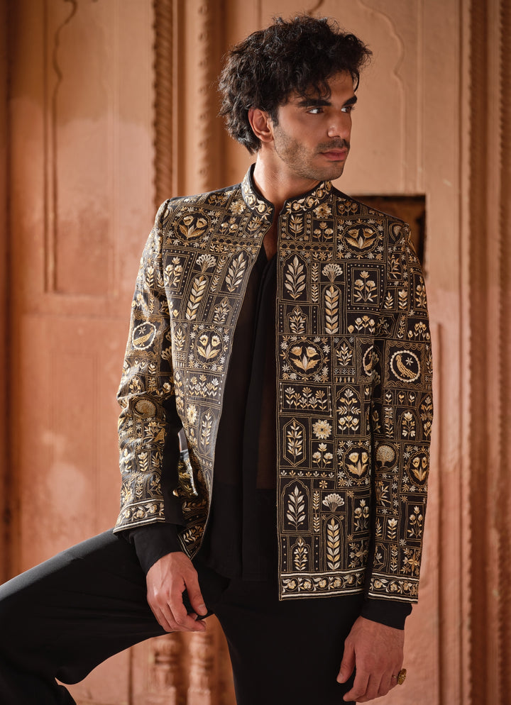 Black Embroidered Chanderi Silk Jacket Set