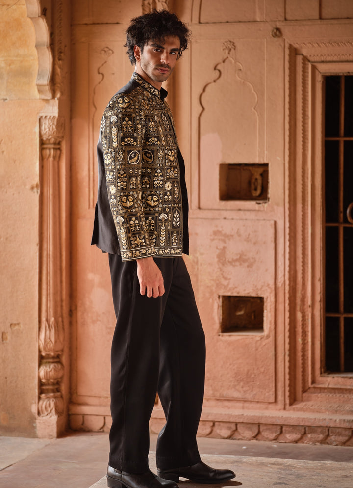 Black Embroidered Chanderi Silk Jacket Set