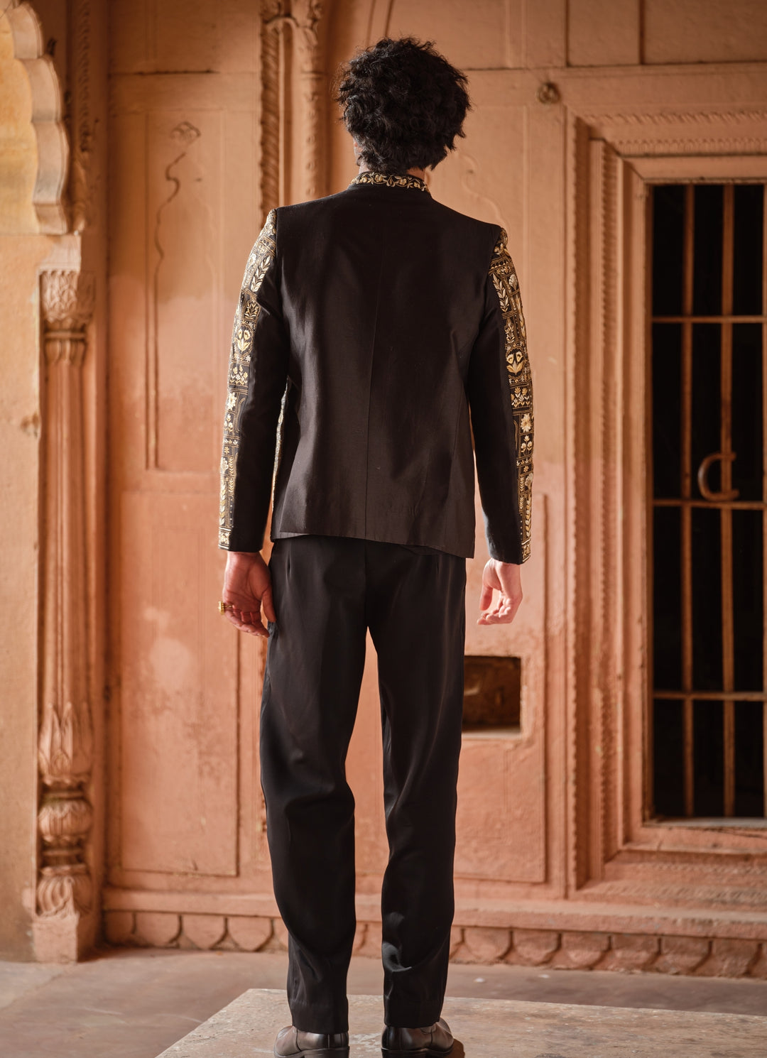 Black Embroidered Chanderi Silk Jacket Set