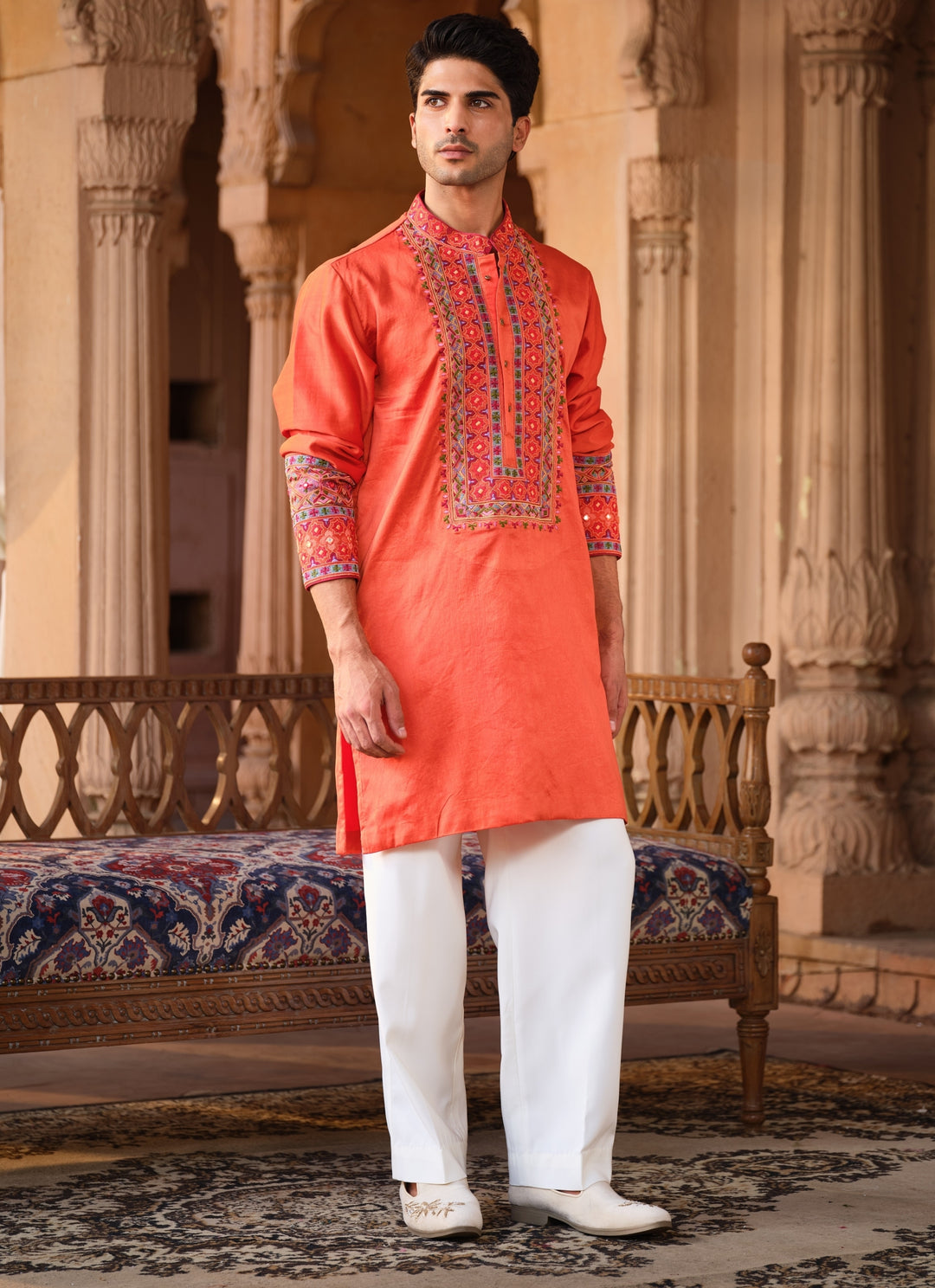 Orange Chanderi Silk Kurta Pants Set