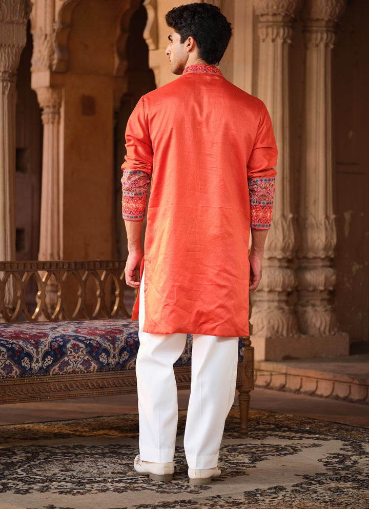 Orange Chanderi Silk Kurta Pants Set
