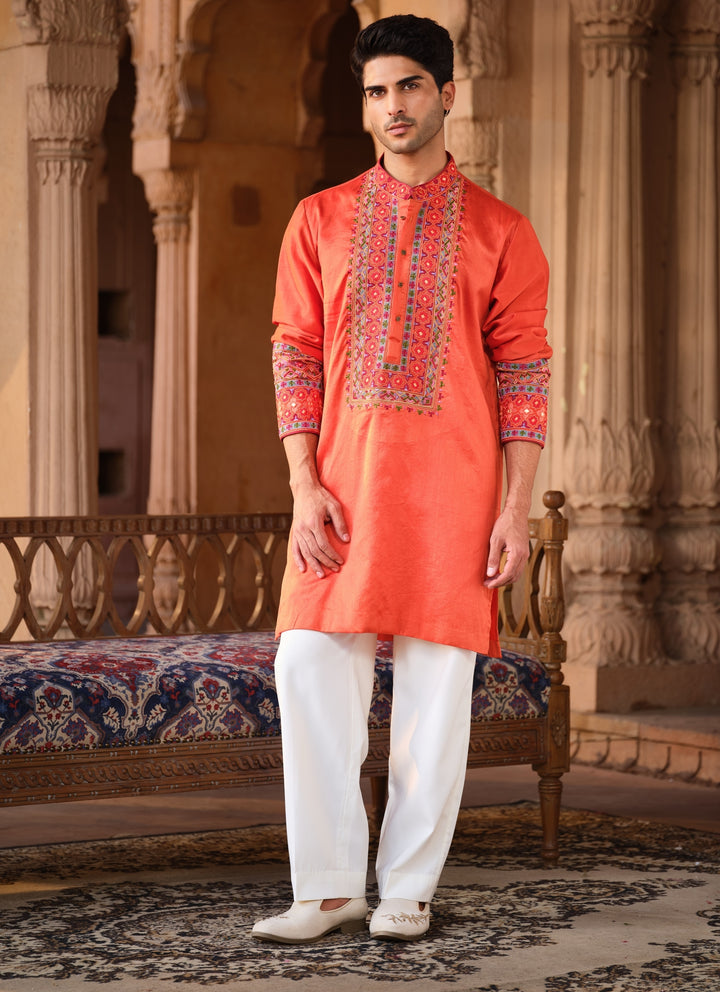 Orange Chanderi Silk Kurta Pants Set