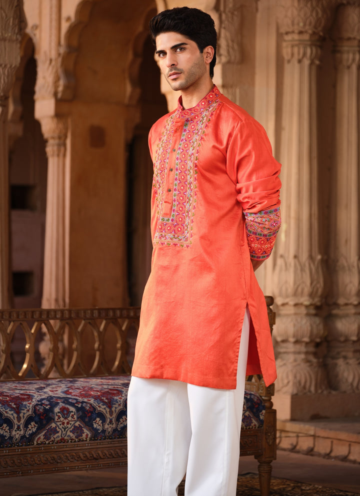Orange Chanderi Silk Kurta Pants Set