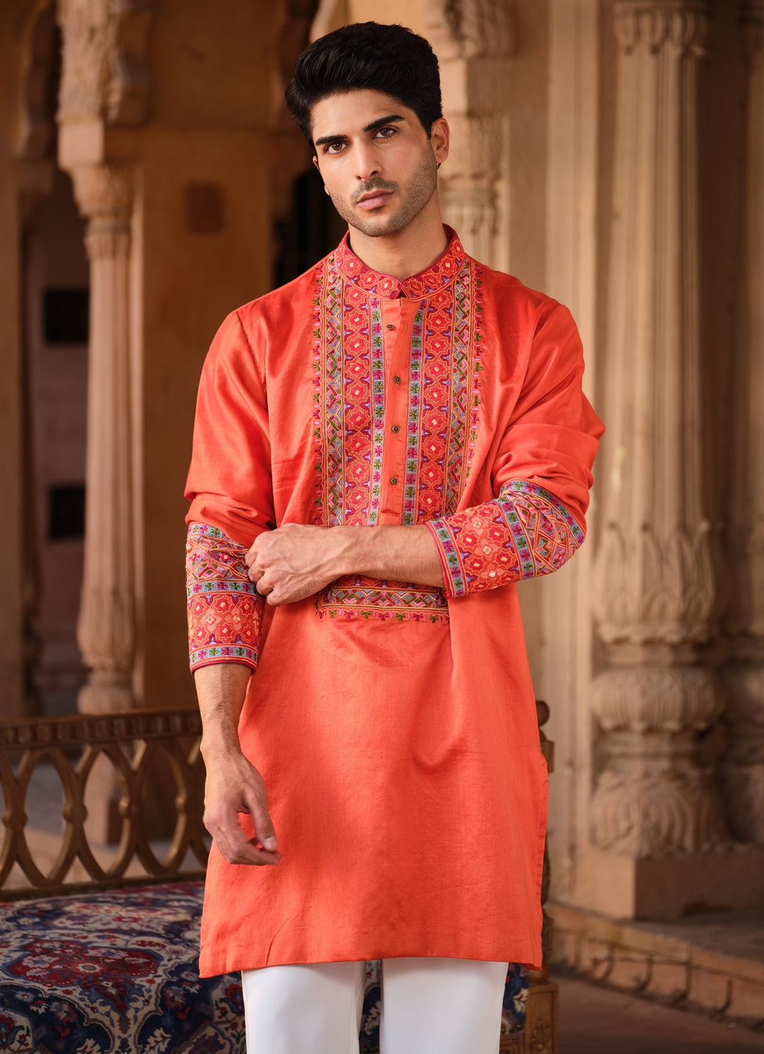 Orange Chanderi Silk Kurta Pants Set