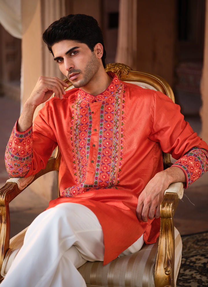 Orange Chanderi Silk Kurta Pants Set