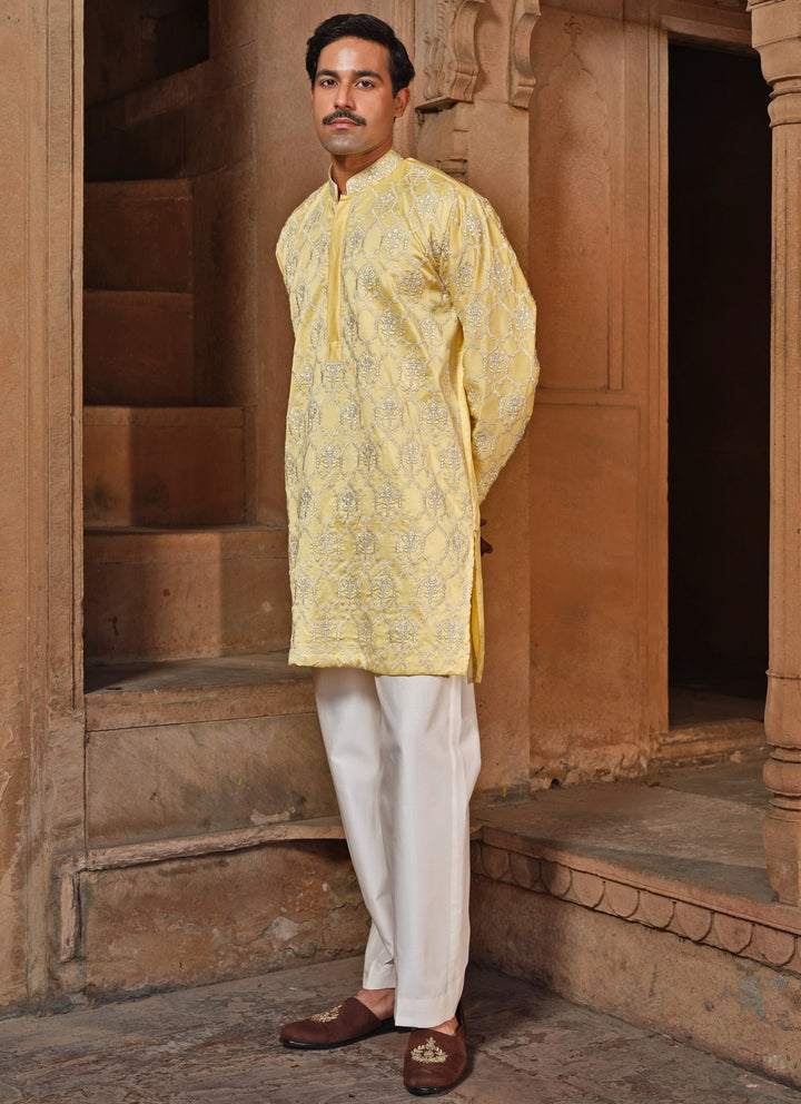 Pastel Yellow Chanderi Silk Kurta Pants Set