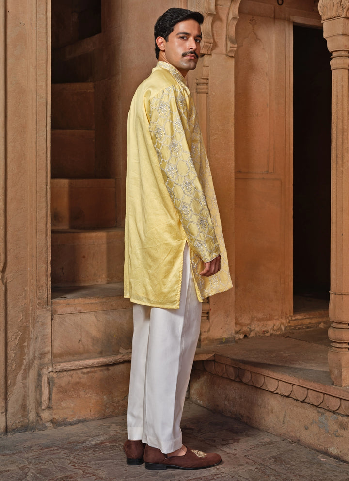 Pastel Yellow Chanderi Silk Kurta Pants Set