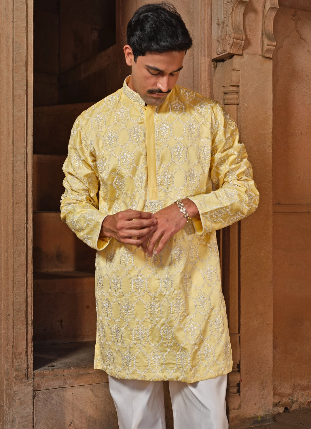 Pastel Yellow Chanderi Silk Kurta Pants Set