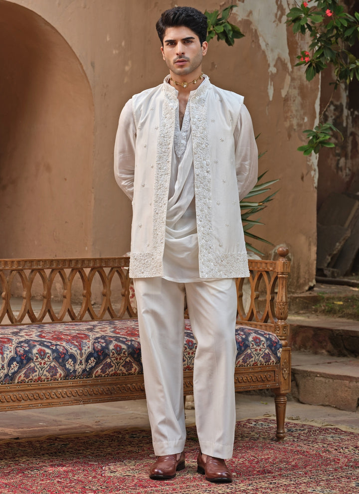 Ivory Chanderi Silk Nehru Jacket Set