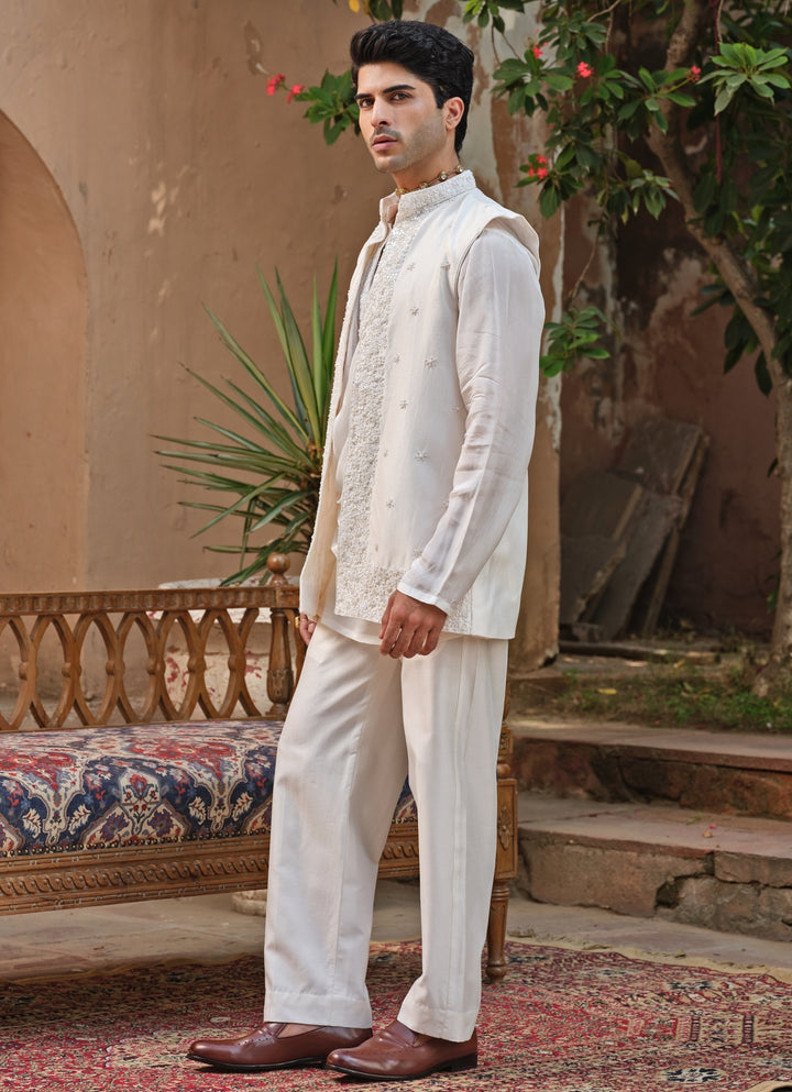 Ivory Chanderi Silk Nehru Jacket Set