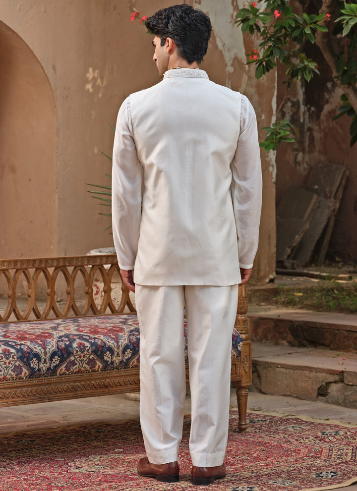Ivory Chanderi Silk Nehru Jacket Set