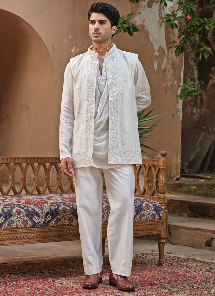 Ivory Chanderi Silk Nehru Jacket Set