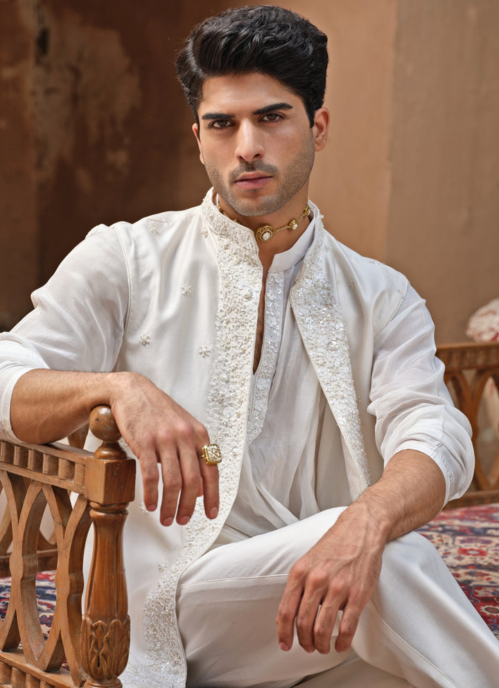 Ivory Chanderi Silk Nehru Jacket Set