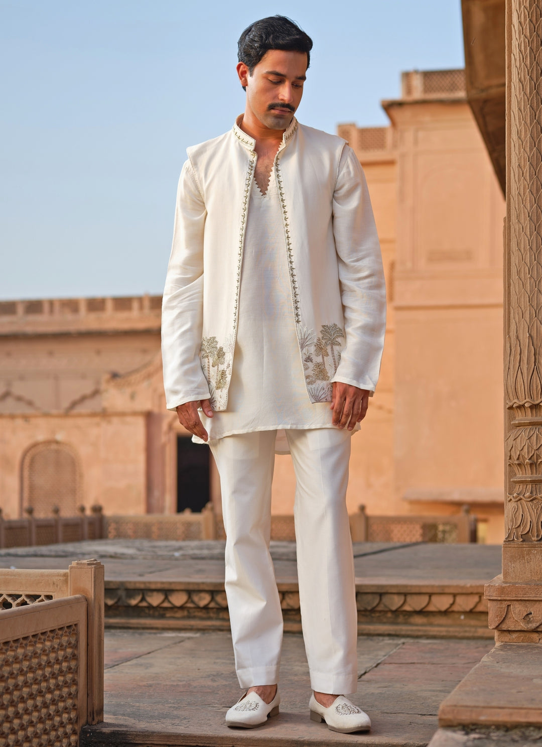Ivory Chanderi Silk Kurta Set with Nehru Jacket