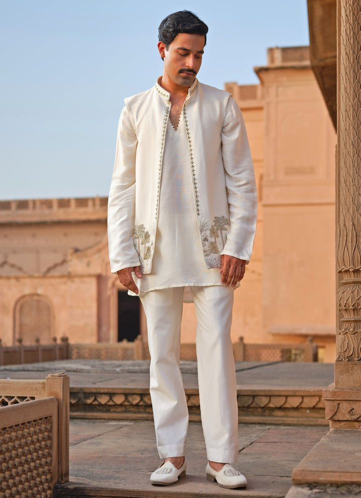 Ivory Chanderi Silk Kurta Set with Nehru Jacket