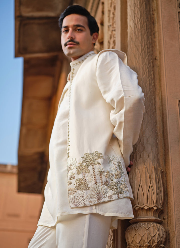 Ivory Chanderi Silk Kurta Set with Nehru Jacket
