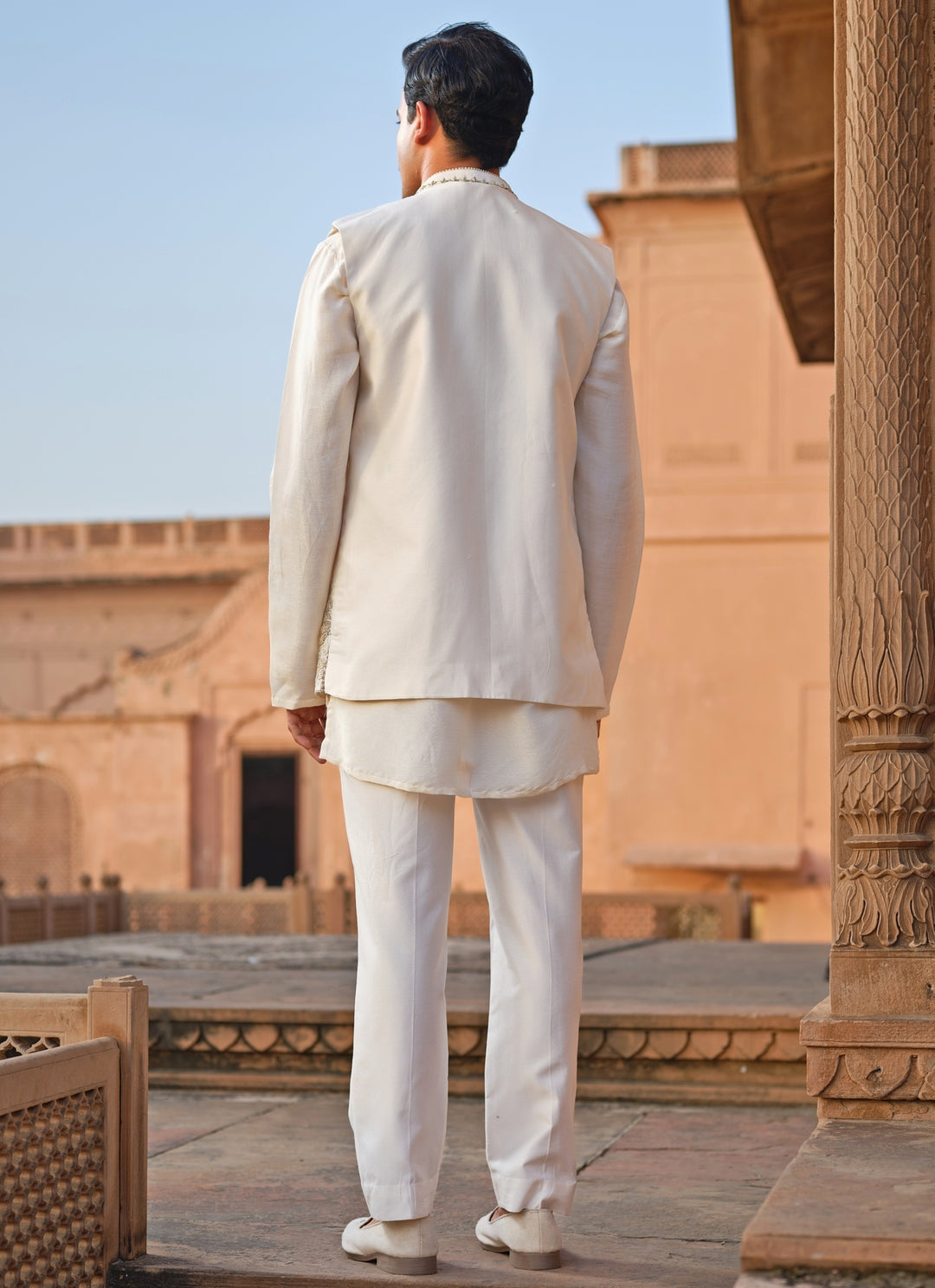 Ivory Chanderi Silk Kurta Set with Nehru Jacket