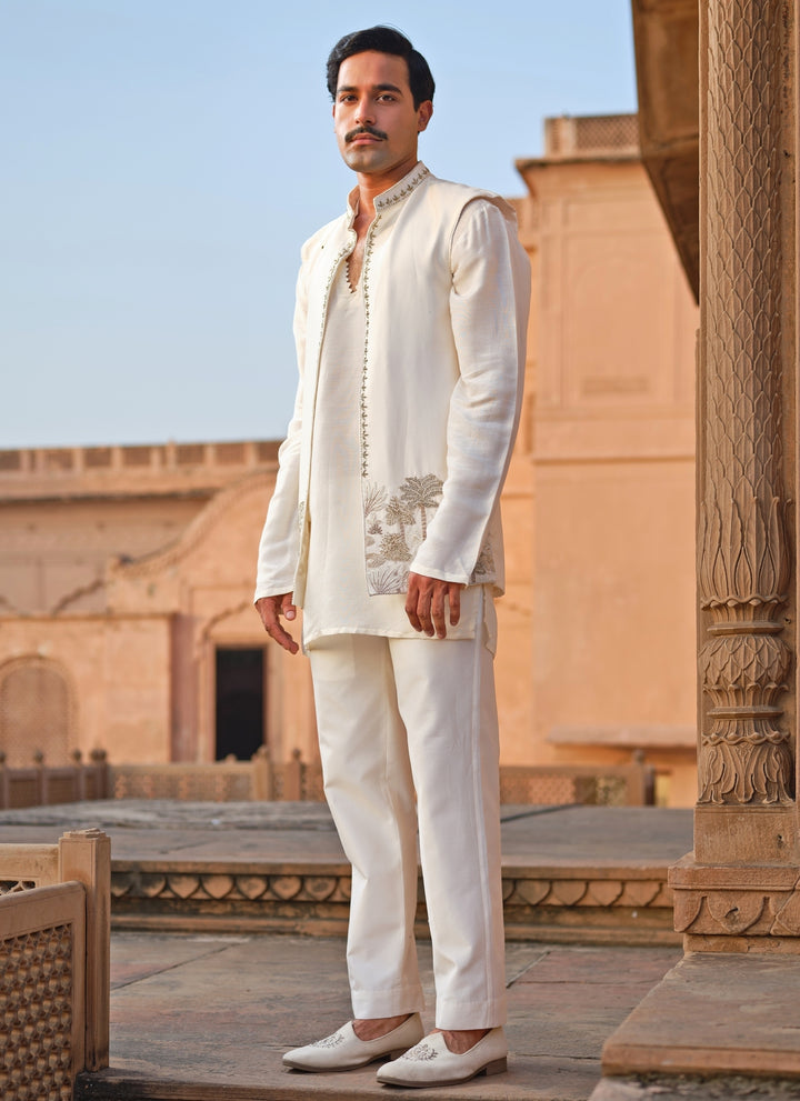 Ivory Chanderi Silk Kurta Set with Nehru Jacket