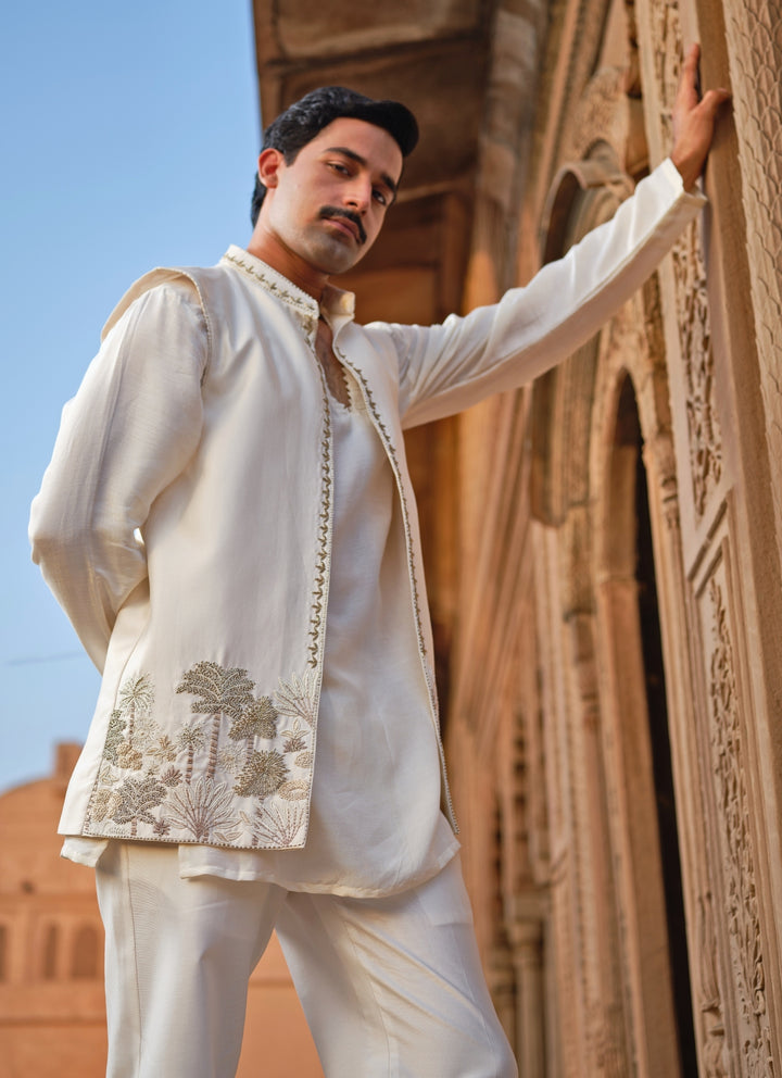 Ivory Chanderi Silk Kurta Set with Nehru Jacket