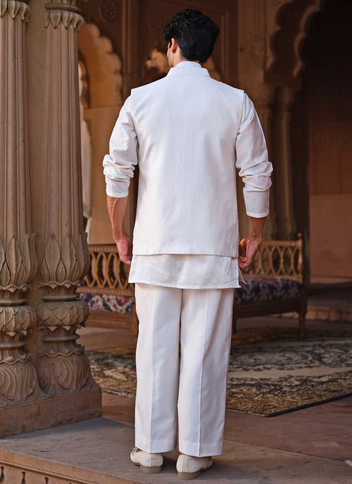 Ivory Embroidered Chanderi Silk Nehru Jacket Set