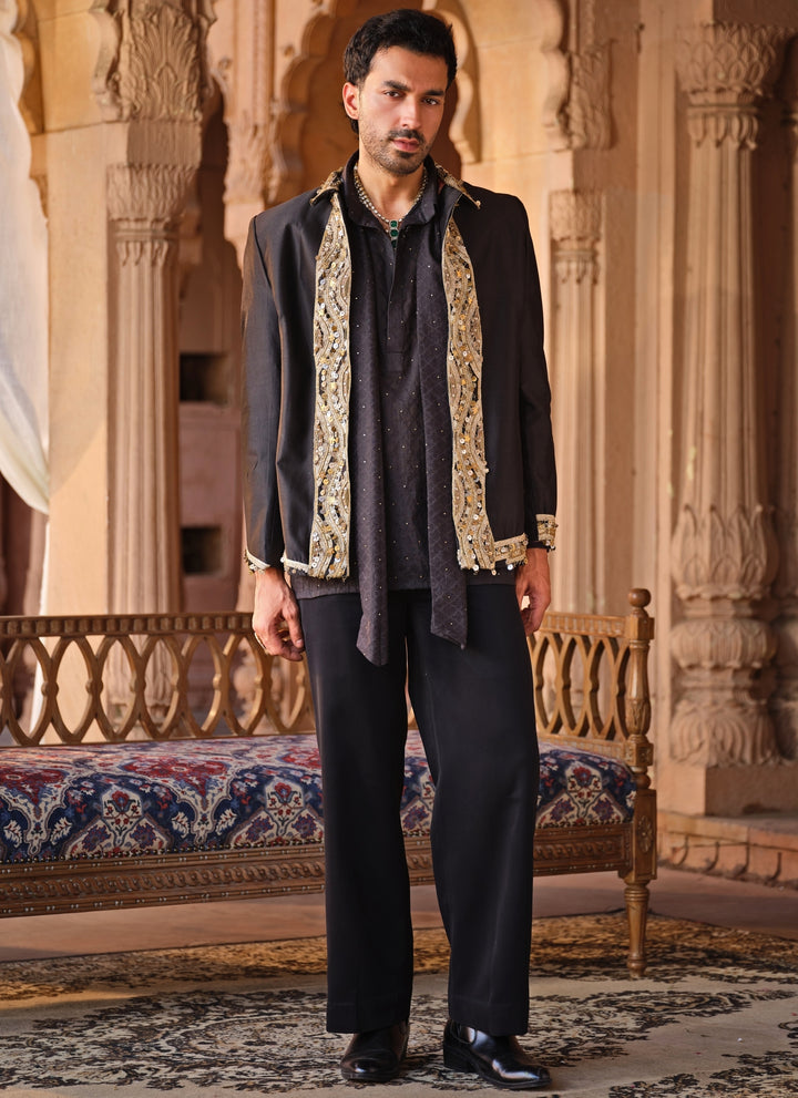 Black and Gold Chanderi Silk Jacket Set