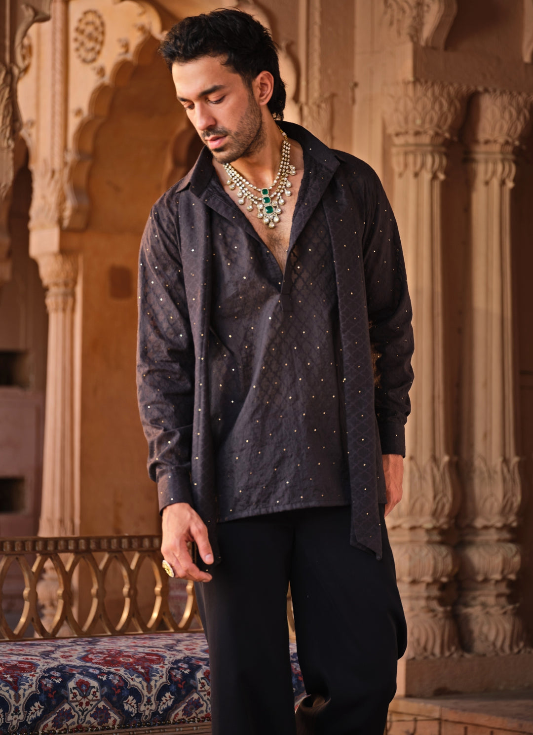 Black and Gold Chanderi Silk Jacket Set