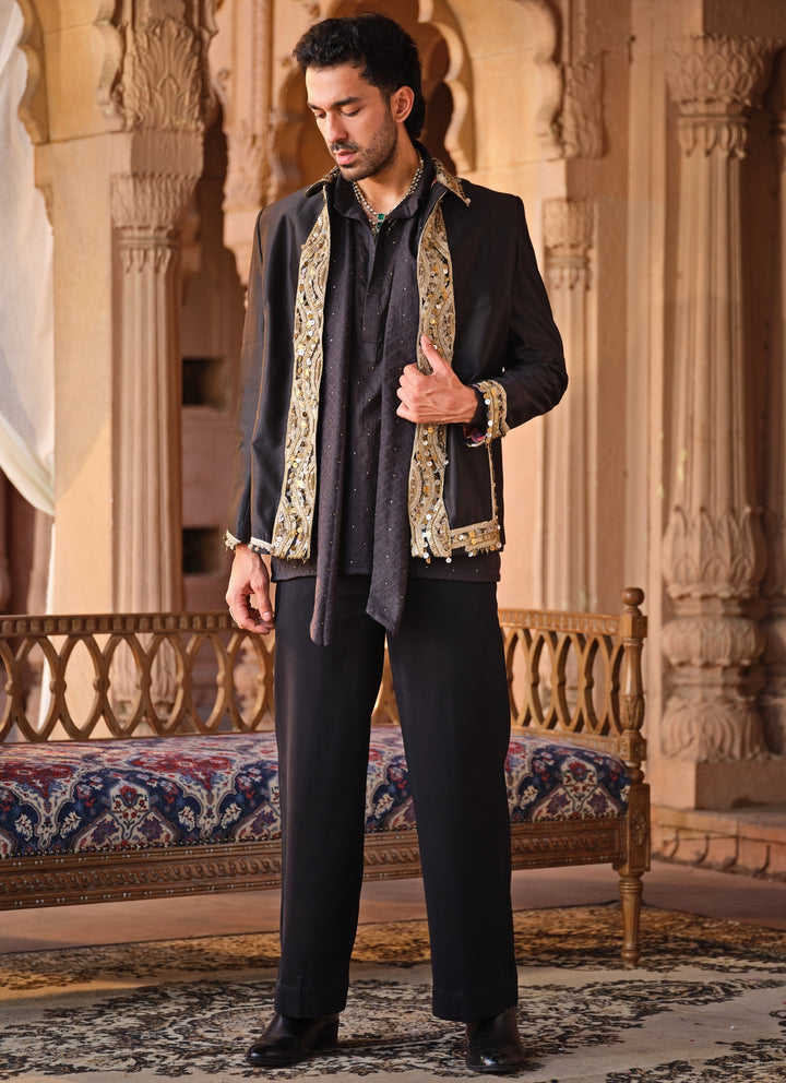 Black and Gold Chanderi Silk Jacket Set