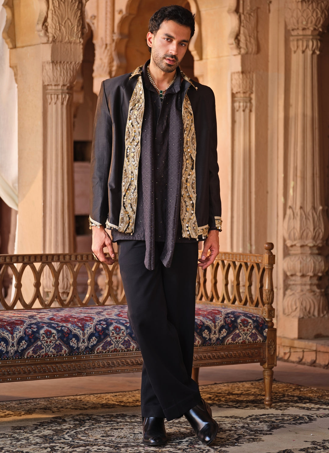 Black and Gold Chanderi Silk Jacket Set