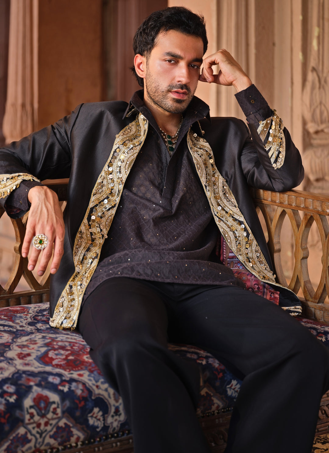 Black and Gold Chanderi Silk Jacket Set