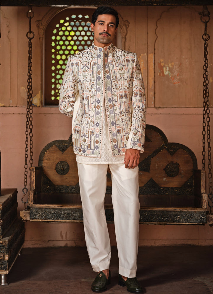 Ivory Embroidered Chanderi Silk Jacket Set