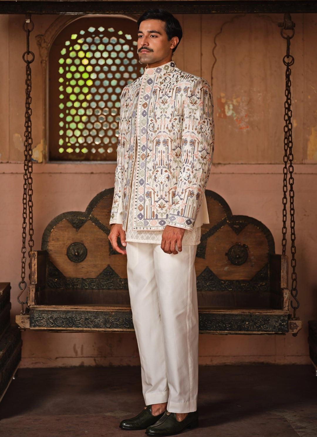 Ivory Embroidered Chanderi Silk Jacket Set