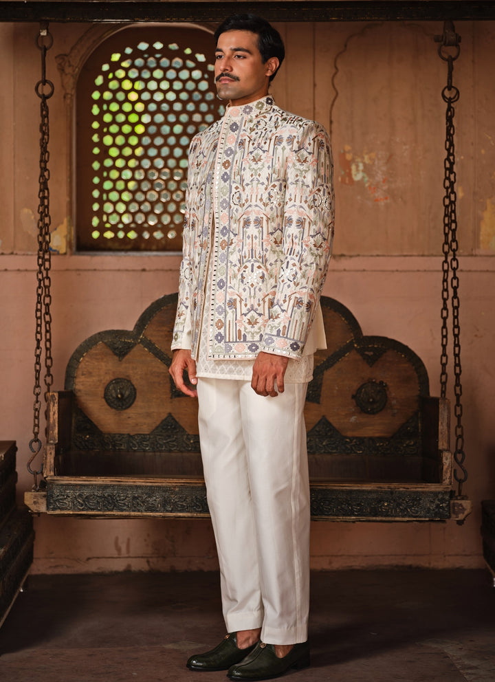 Ivory Embroidered Chanderi Silk Jacket Set