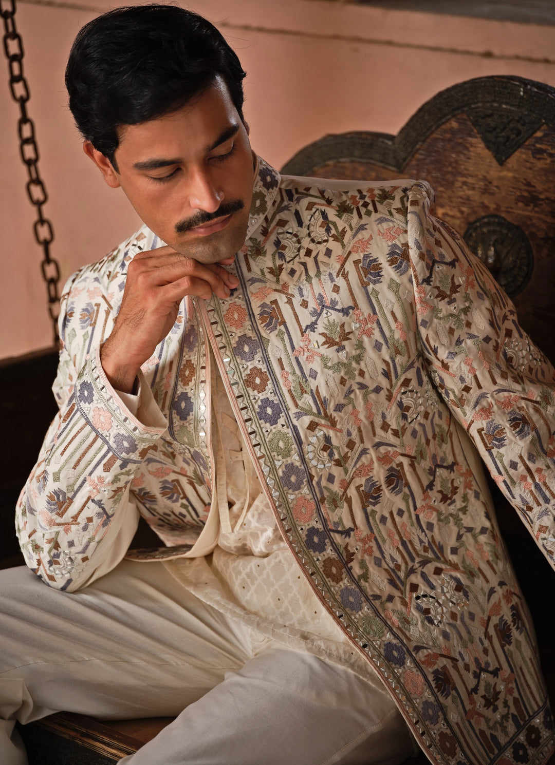 Ivory Embroidered Chanderi Silk Jacket Set