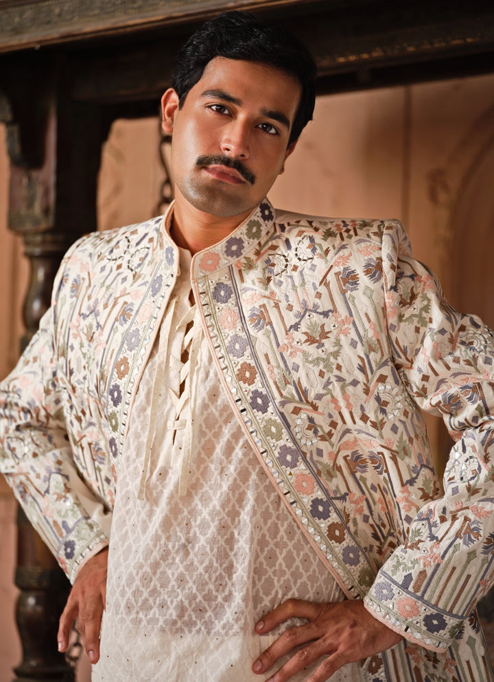 Ivory Embroidered Chanderi Silk Jacket Set