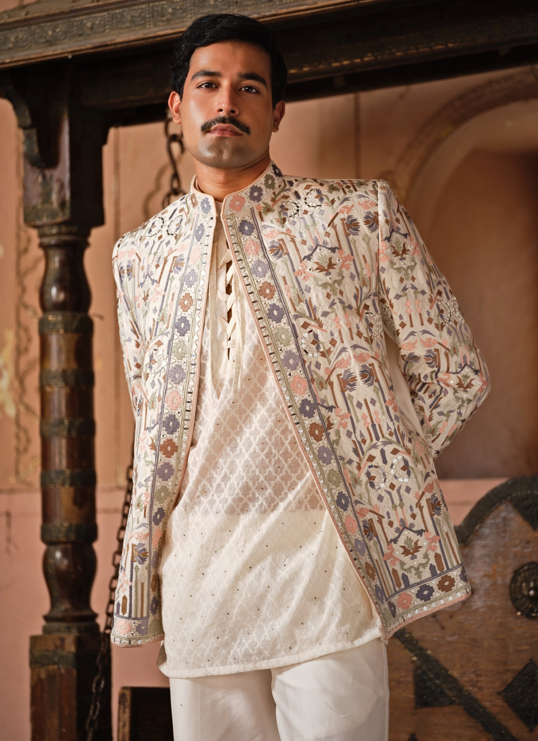 Ivory Embroidered Chanderi Silk Jacket Set