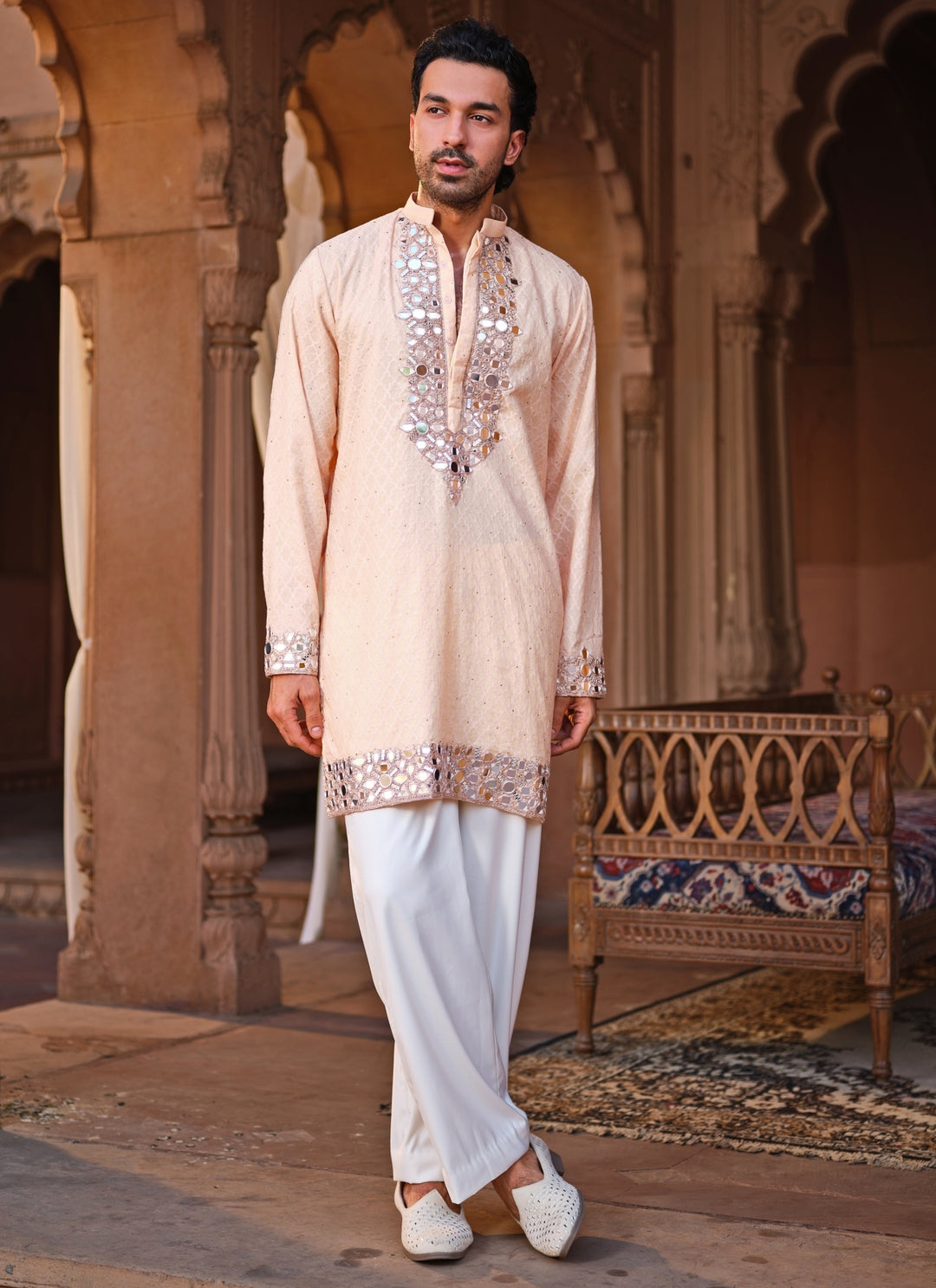 Peach Mirror Chanderi Kurta Pants Set