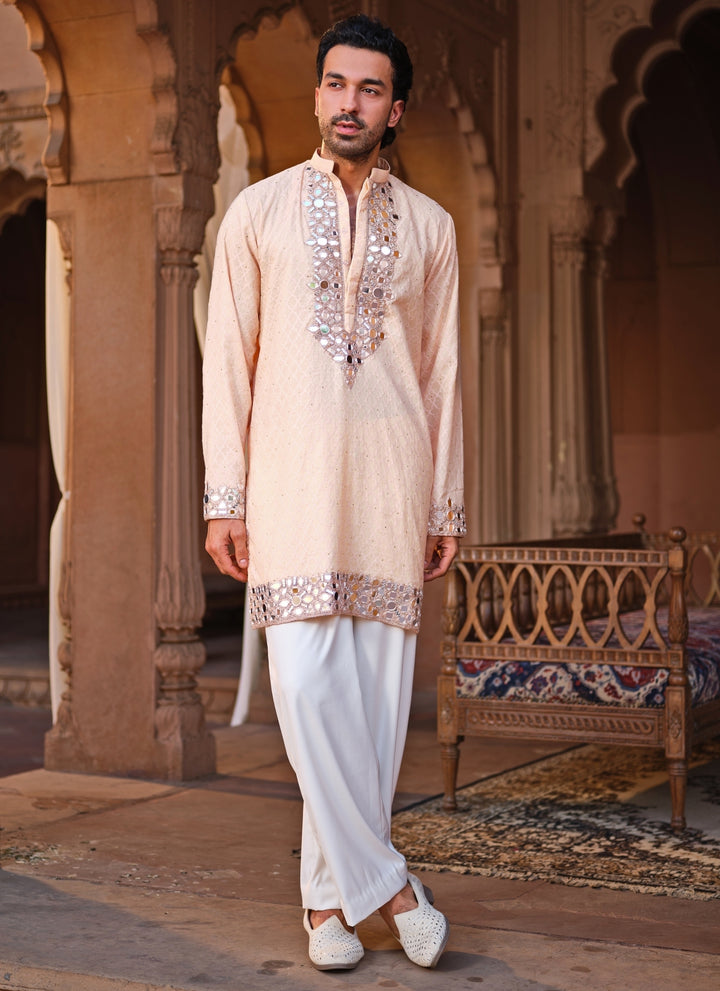 Peach Mirror Chanderi Kurta Pants Set