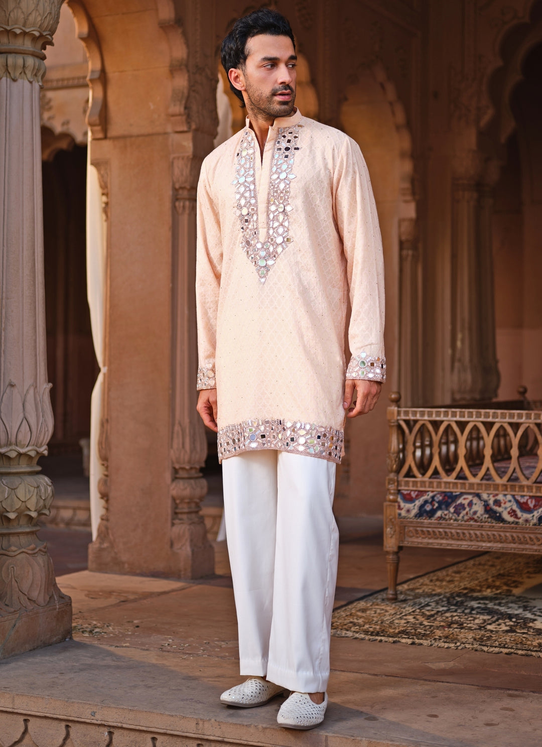 Peach Mirror Chanderi Kurta Pants Set