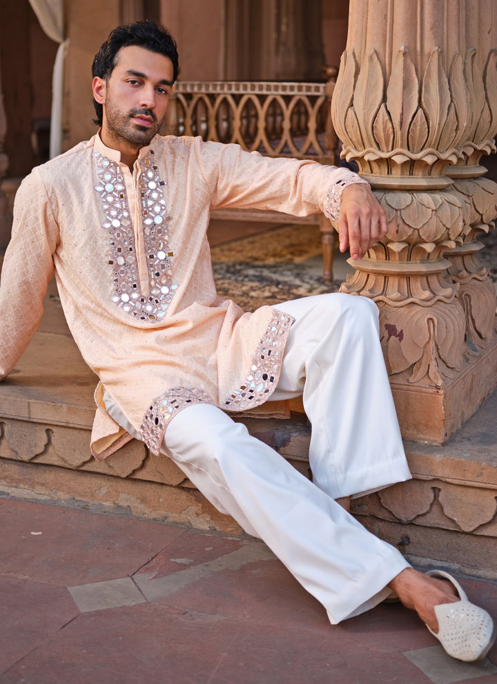 Peach Mirror Chanderi Kurta Pants Set