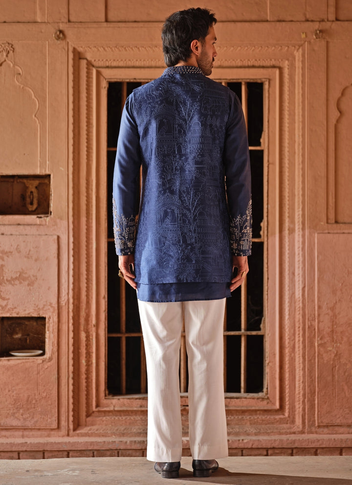 Blue Embroidered Chanderi Silk Jacket Set