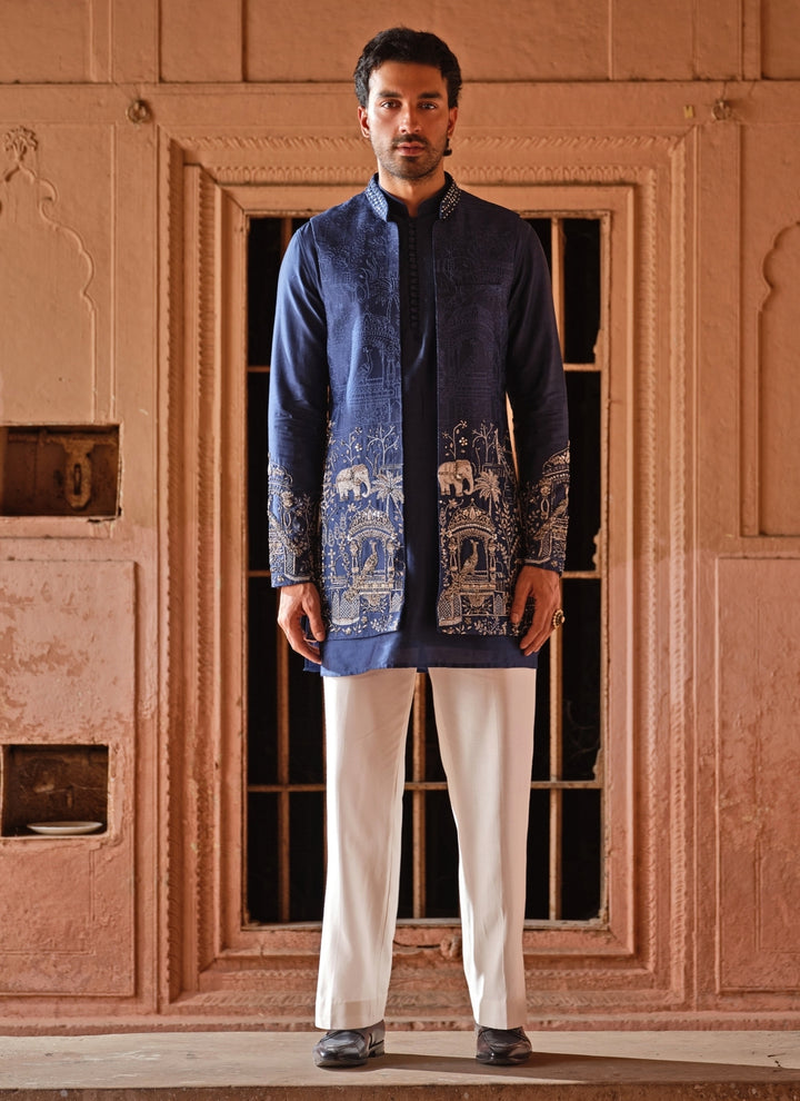 Blue Embroidered Chanderi Silk Jacket Set