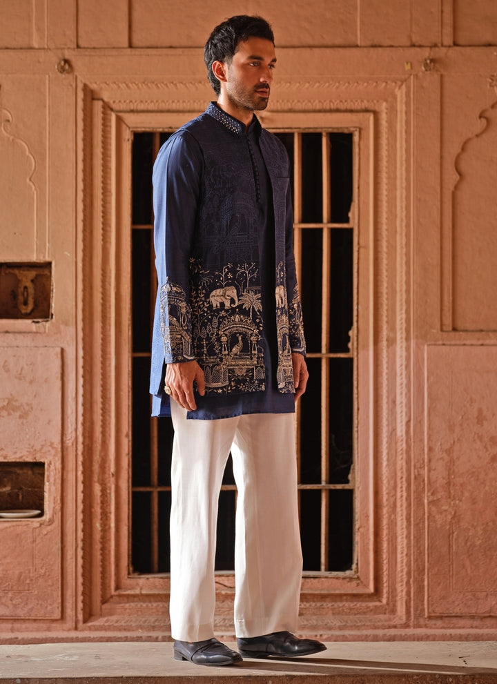 Blue Embroidered Chanderi Silk Jacket Set