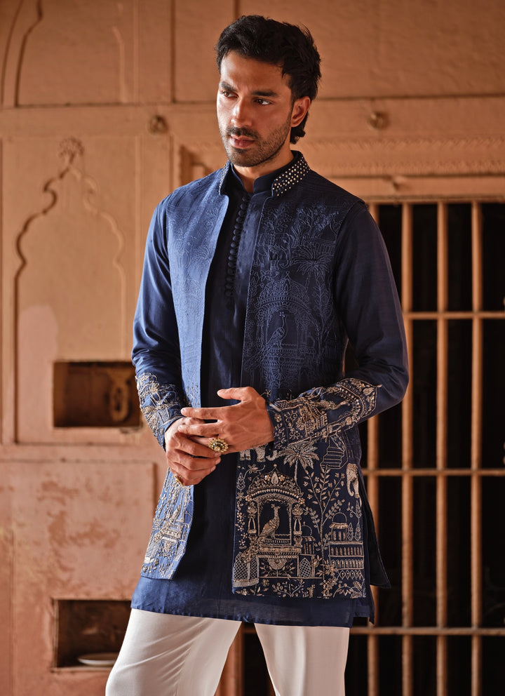 Blue Embroidered Chanderi Silk Jacket Set