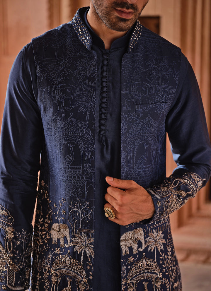 Blue Embroidered Chanderi Silk Jacket Set