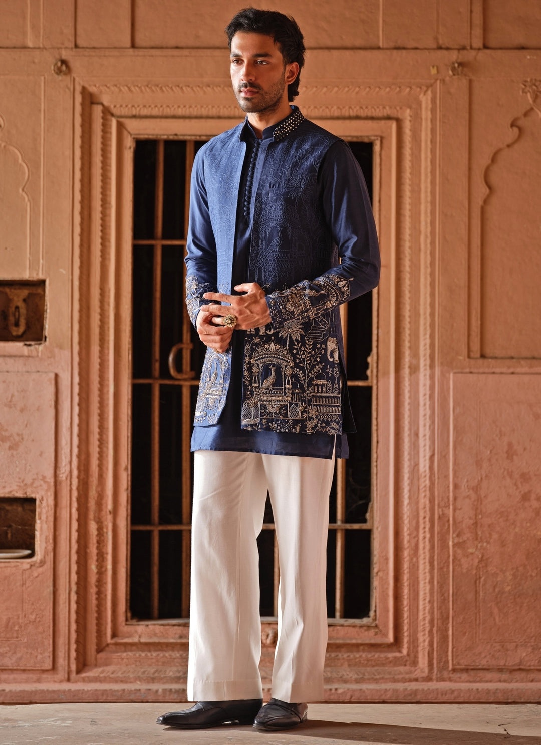 Blue Embroidered Chanderi Silk Jacket Set