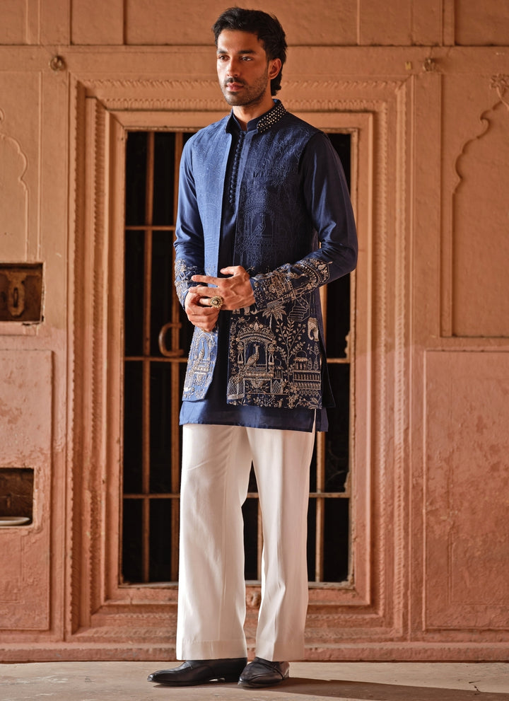 Blue Embroidered Chanderi Silk Jacket Set
