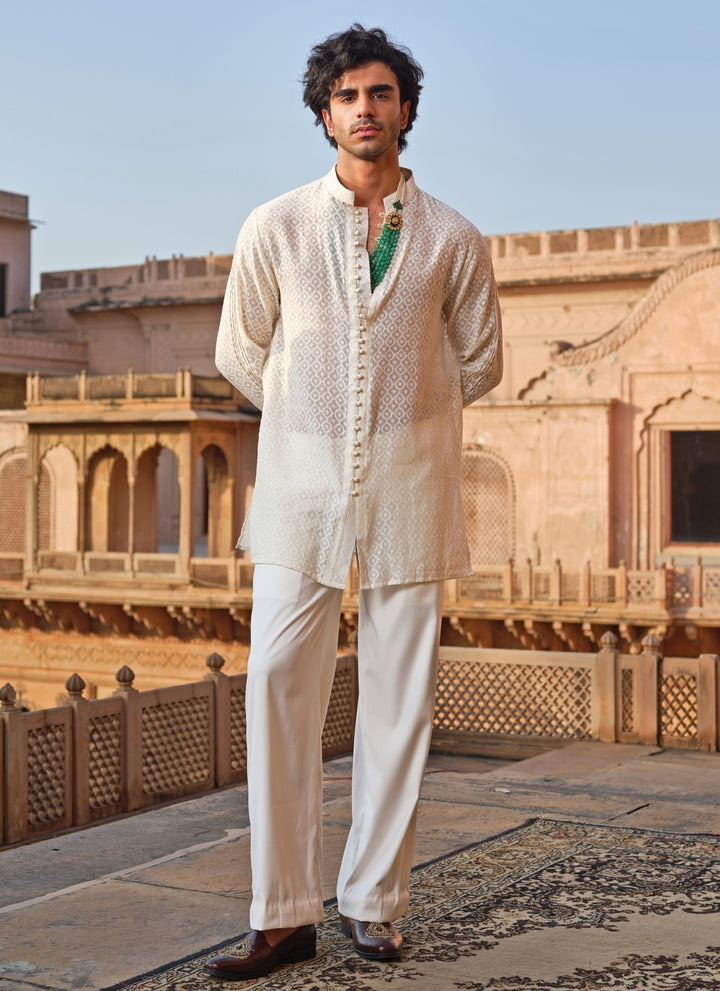 Ivory Chanderi Jacquard Short Kurta Set