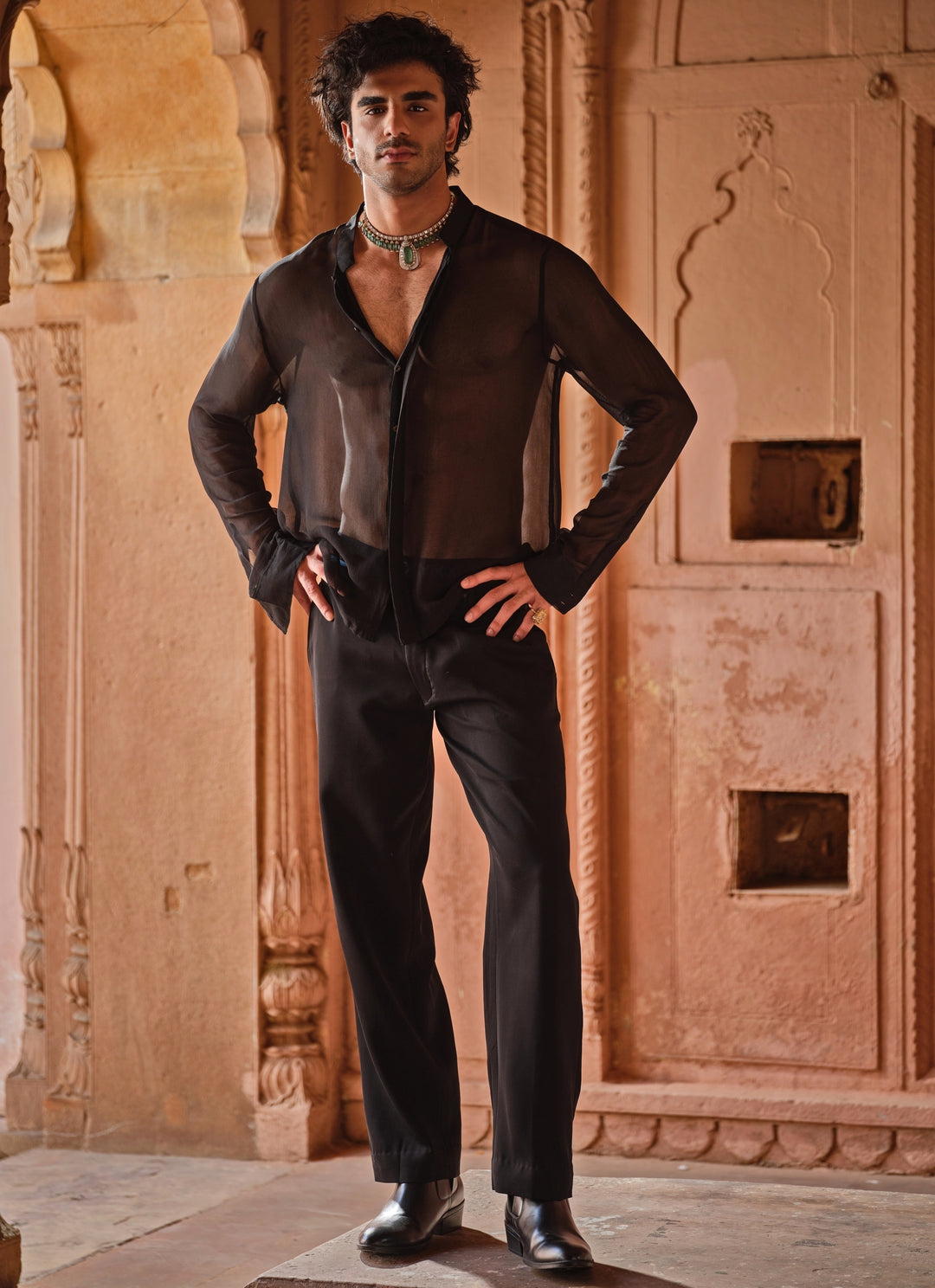 Black Sheer Georgette Shirt and Pants Set