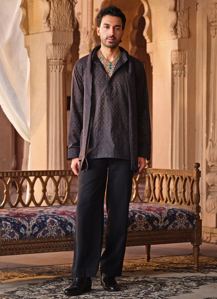 Black Chanderi Jacquard Short Kurta Set