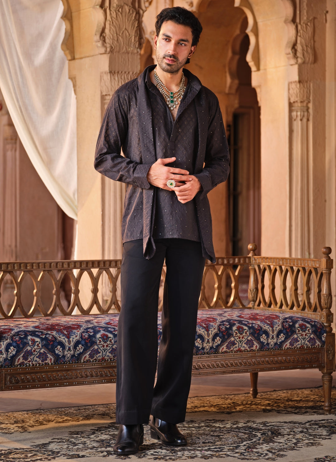 Black Chanderi Jacquard Short Kurta Set